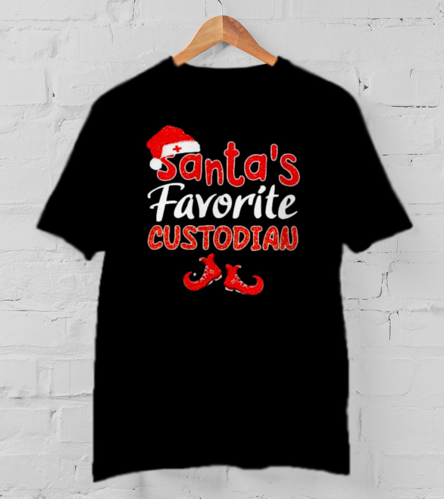 Santa's Favorite Custodian Festive Holiday Santa Hat And Elf Shoes T-Shirt