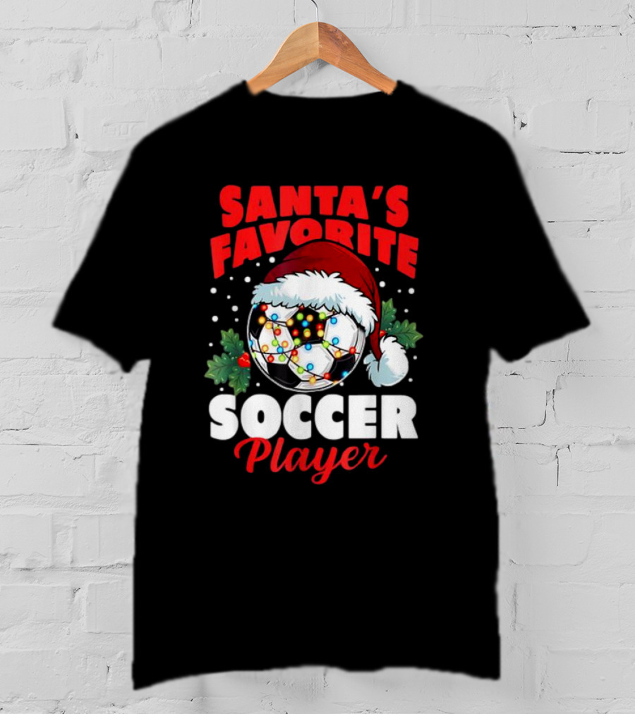 Santa's Favorite Soccer Player Christmas Pajama Xmas Soccer Ball And Santa Hat T-Shirt