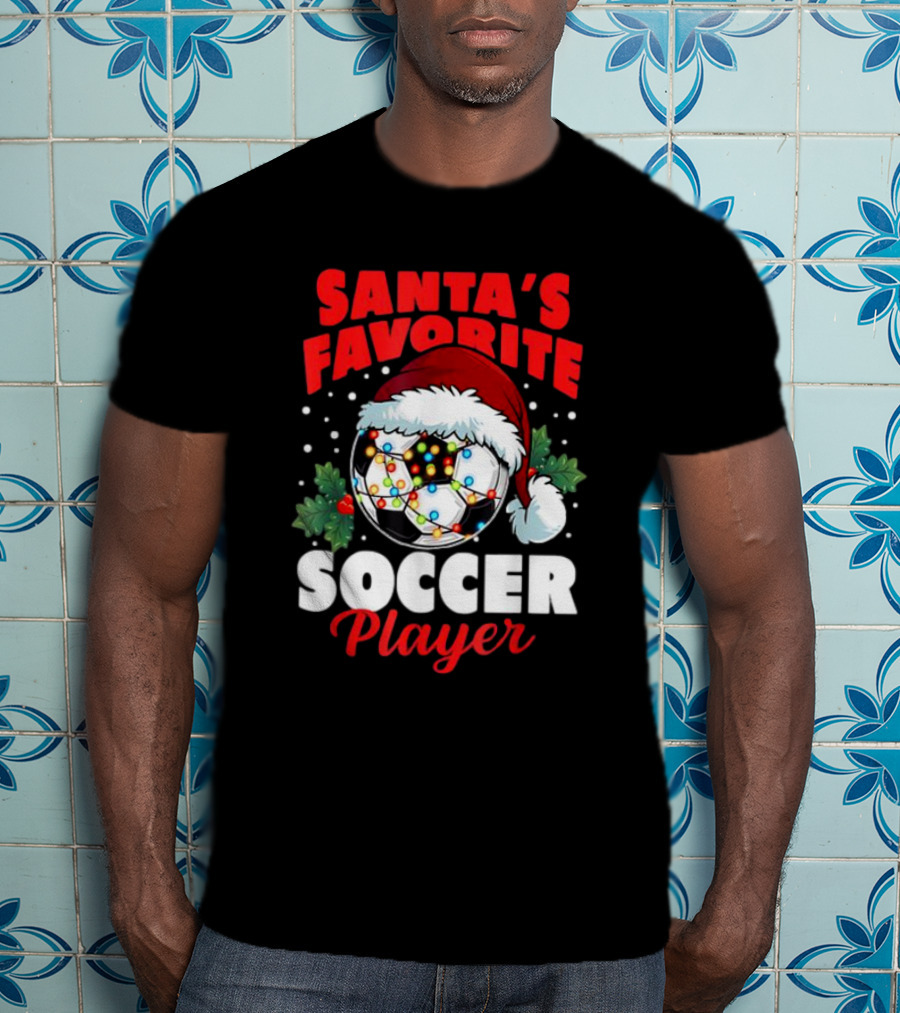 Santa's Favorite Soccer Player Christmas Pajama Xmas Soccer Ball And Santa Hat T-Shirt