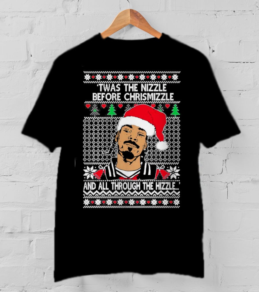 Snoop Dogg Twas The Nizzle Before Chrismizzle Santa Hat Pattern Christmas T-Shirt