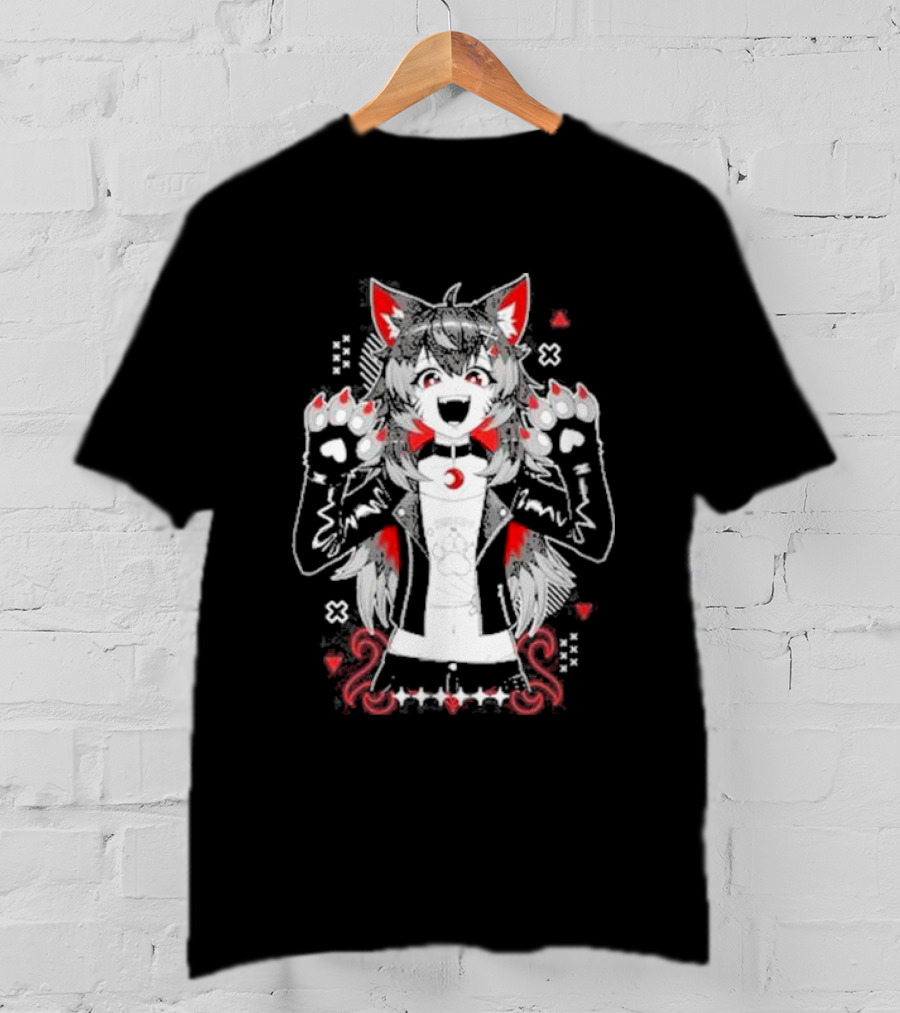 Kiba Nanobites Paws Up Anime Wolf Character With Red And White Details T-Shirt