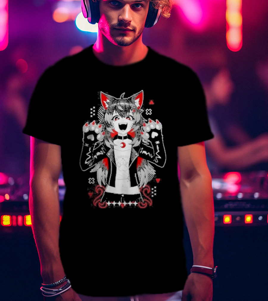 Kiba Nanobites Paws Up Anime Wolf Character With Red And White Details T-Shirt