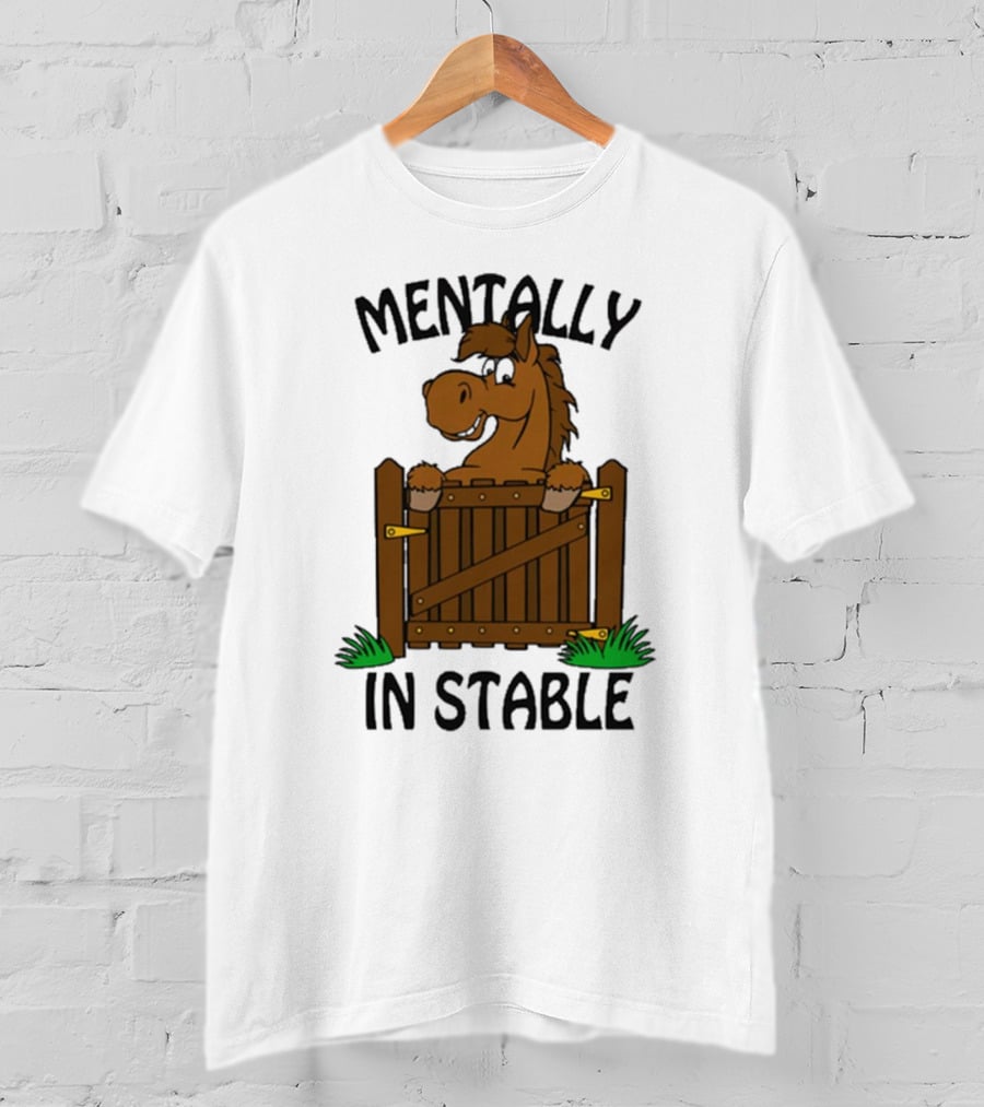 Mentally In Stable Cartoon Horse Gate Humorous T-Shirt