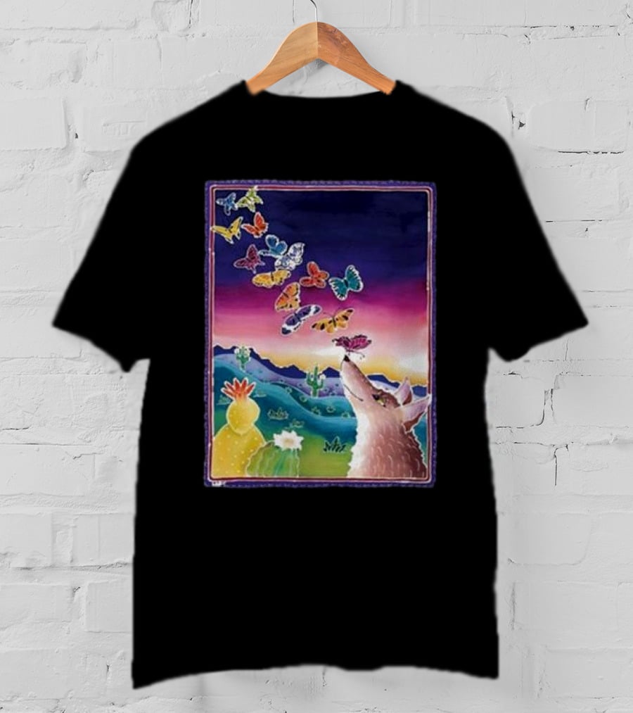 Jimmorris Smiles At Nature’s Wonders Colorful Desert Landscape With Coyote And Butterflies T-Shirt