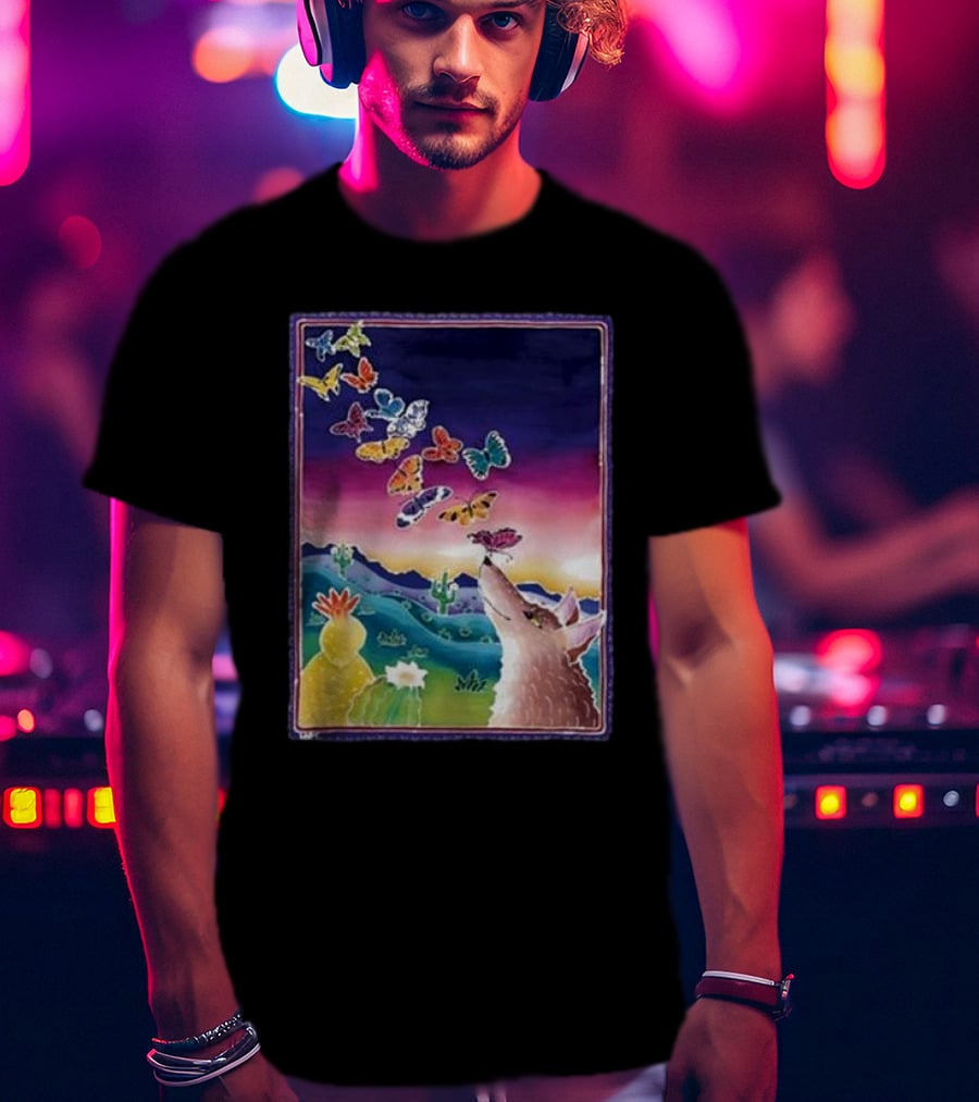 Jimmorris Smiles At Nature’s Wonders Colorful Desert Landscape With Coyote And Butterflies T-Shirt