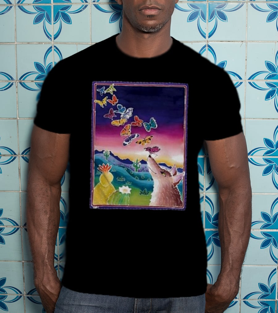 Jimmorris Smiles At Nature’s Wonders Colorful Desert Landscape With Coyote And Butterflies T-Shirt