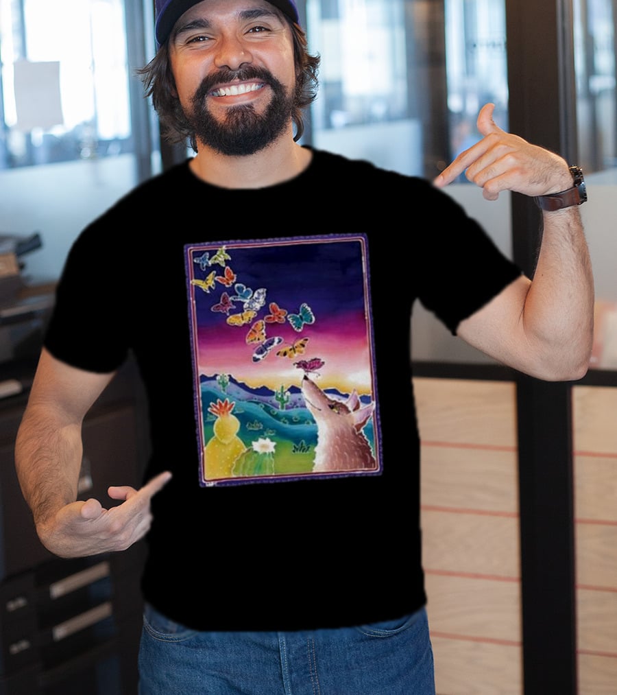 Jimmorris Smiles At Nature’s Wonders Colorful Desert Landscape With Coyote And Butterflies T-Shirt