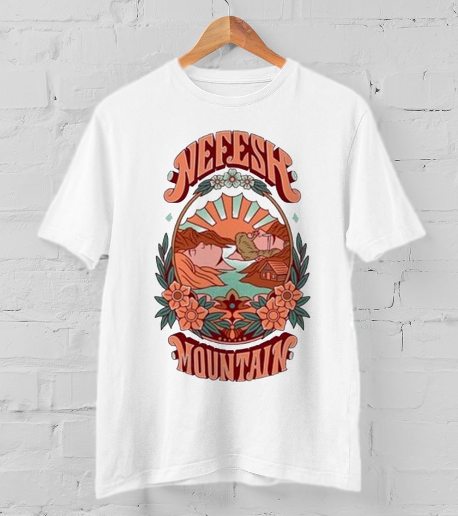 Nefesh Mountain Sunrise Scene With Cabin And Flowers T-Shirt