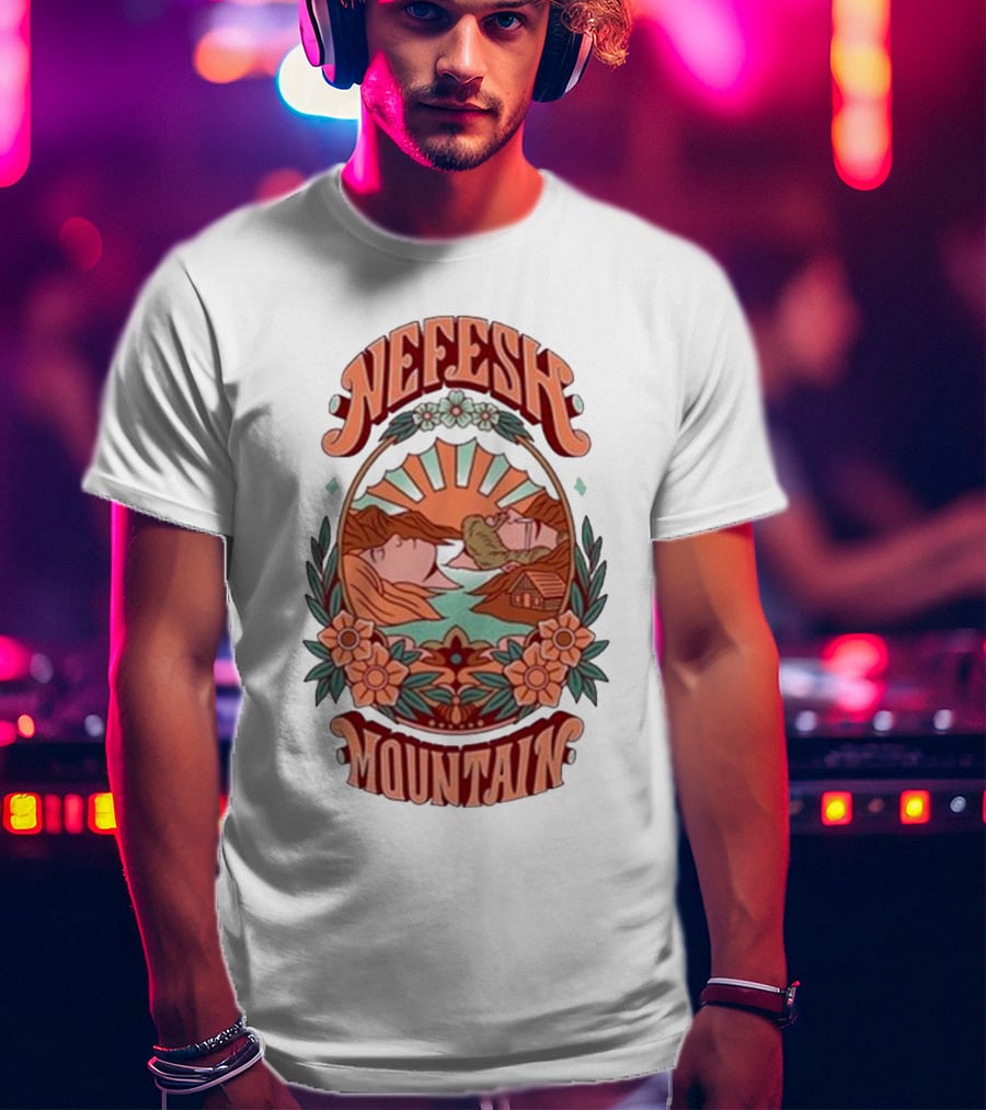Nefesh Mountain Sunrise Scene With Cabin And Flowers T-Shirt
