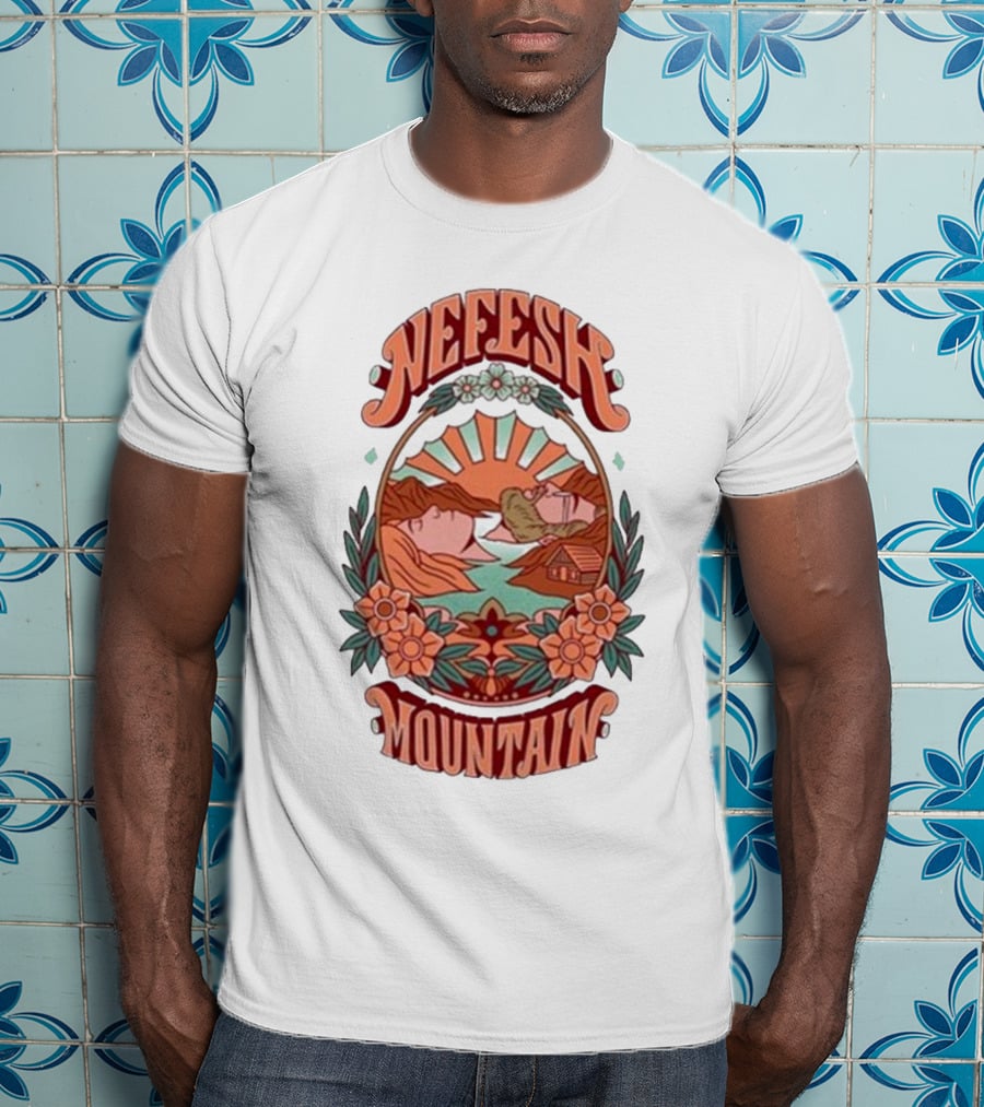 Nefesh Mountain Sunrise Scene With Cabin And Flowers T-Shirt