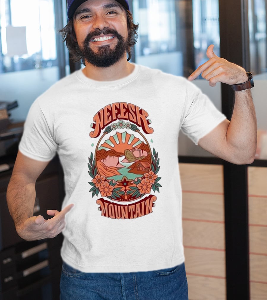 Nefesh Mountain Sunrise Scene With Cabin And Flowers T-Shirt