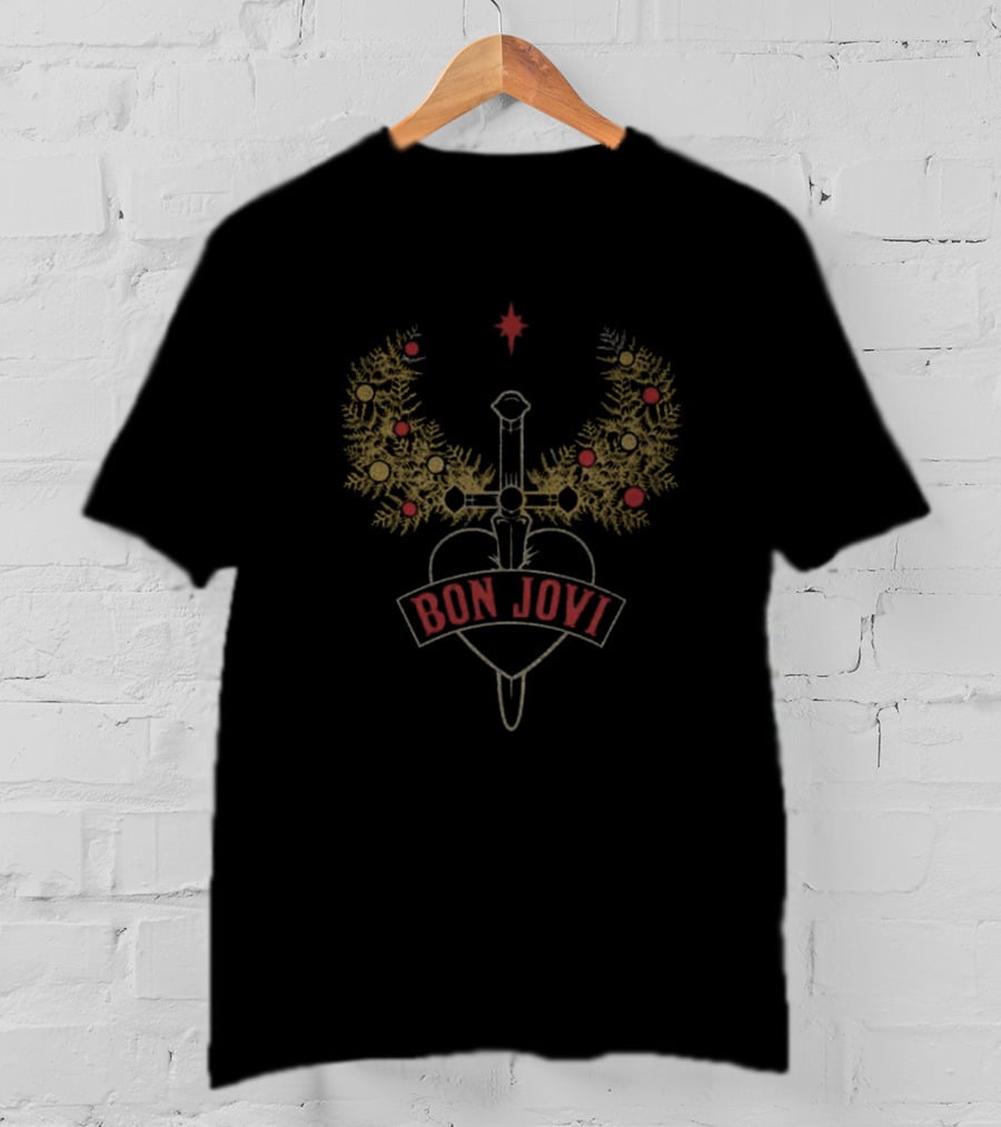 Bon Jovi Heart And Dagger Holiday Wreath With Red Star And Foliage T-Shirt