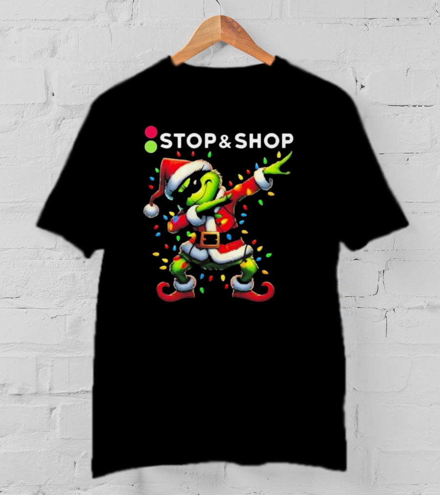 Stop And Shop Grinch Dabbing Santa Lights Merry Christmas T-Shirt
