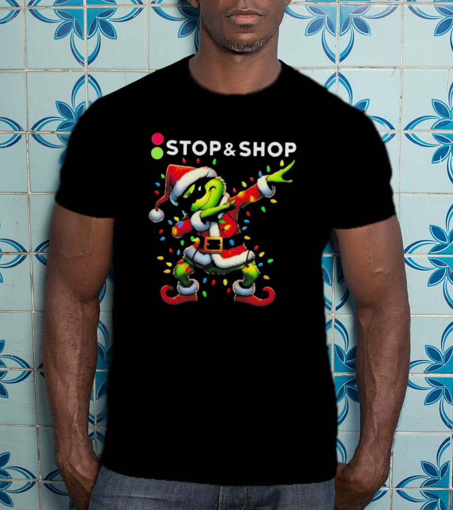 Stop And Shop Grinch Dabbing Santa Lights Merry Christmas T-Shirt