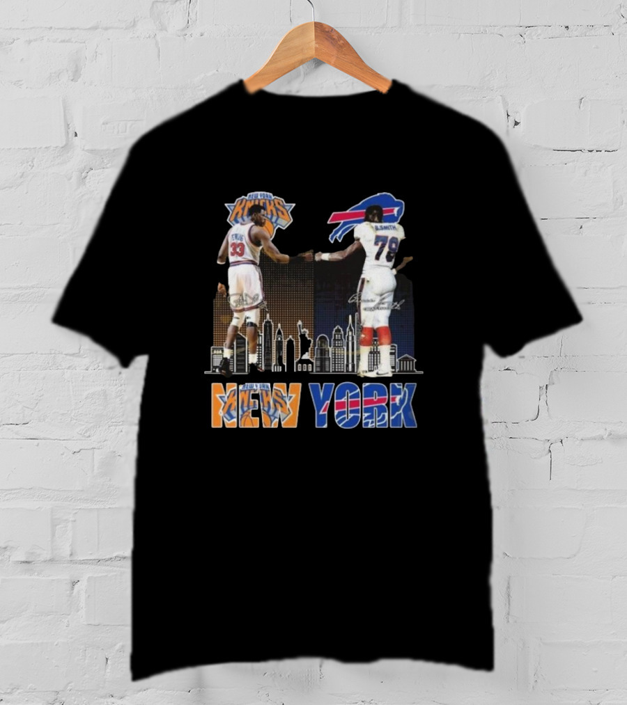 New York Knicks Buffalo Bills Cityscape Collaboration With Ewing And Smith Signatures T-Shirt