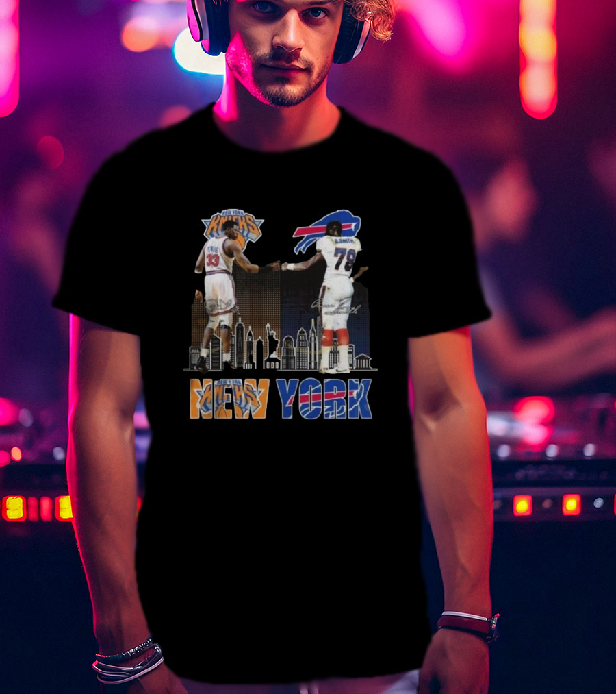 New York Knicks Buffalo Bills Cityscape Collaboration With Ewing And Smith Signatures T-Shirt