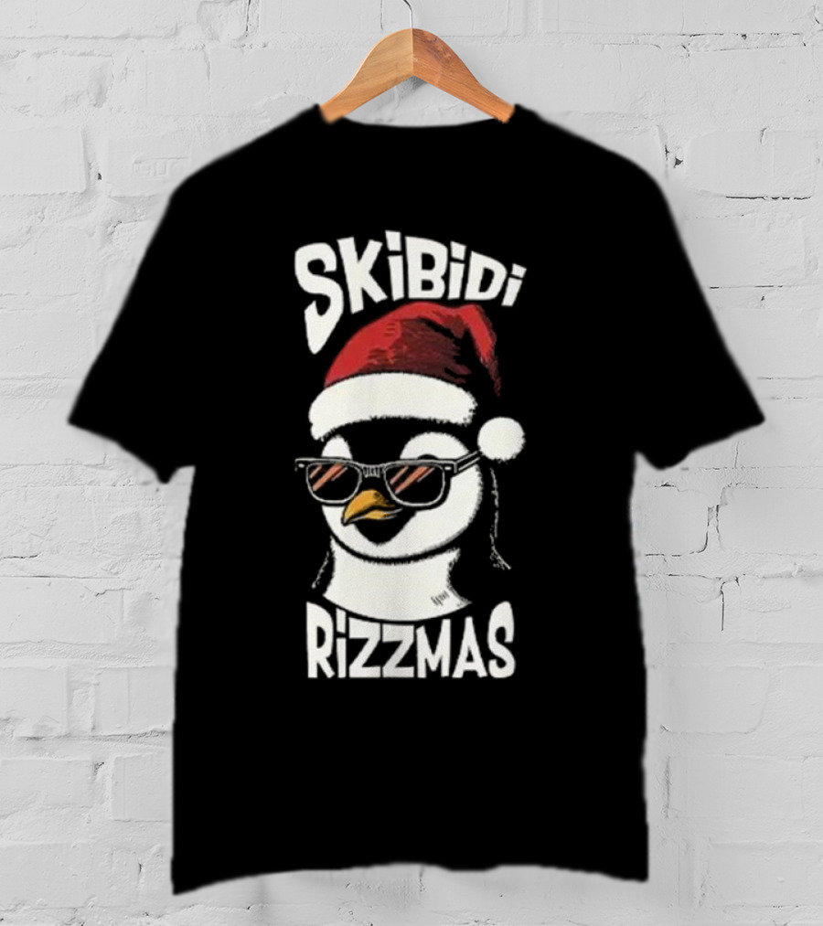 Skibidi Rizzmas Christmas Penguin With Santa Hat And Sunglasses T-Shirt