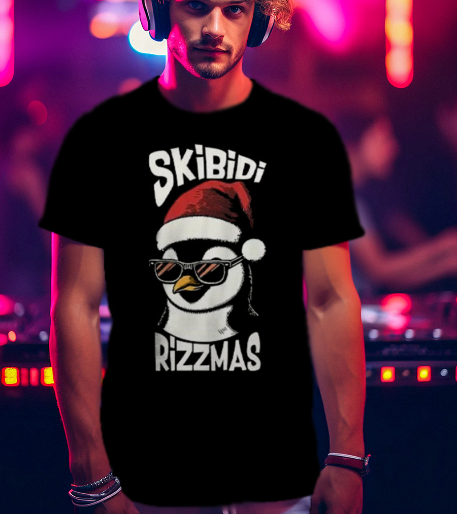 Skibidi Rizzmas Christmas Penguin With Santa Hat And Sunglasses T-Shirt