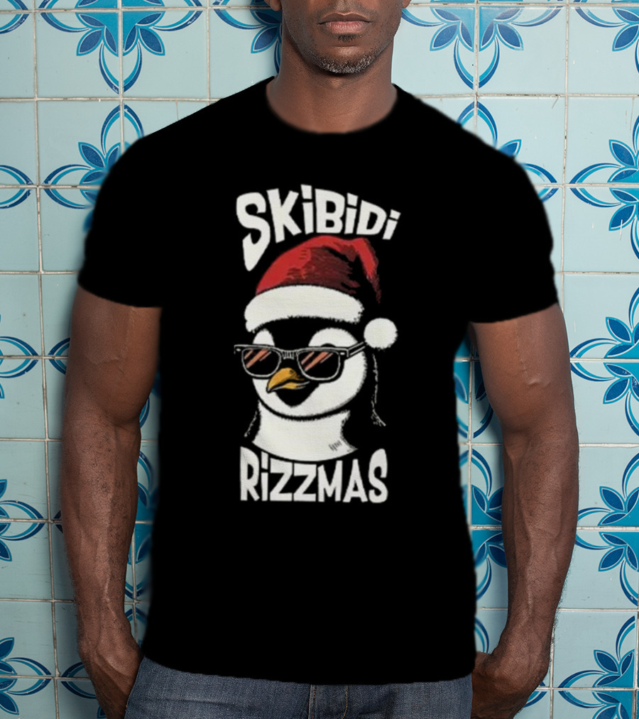 Skibidi Rizzmas Christmas Penguin With Santa Hat And Sunglasses T-Shirt