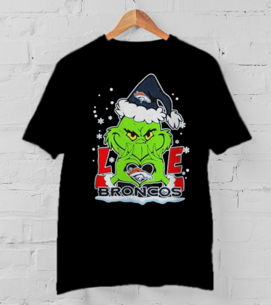The Grinch Love Denver Broncos Christmas Football T-Shirt