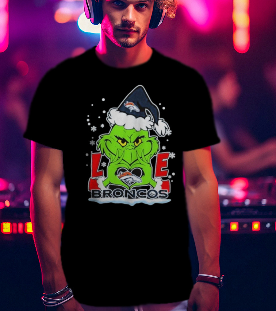 The Grinch Love Denver Broncos Christmas Football T-Shirt