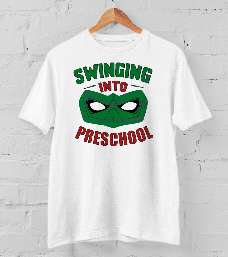 Swinging Into Preschool Green Superhero Mask T-Shirt