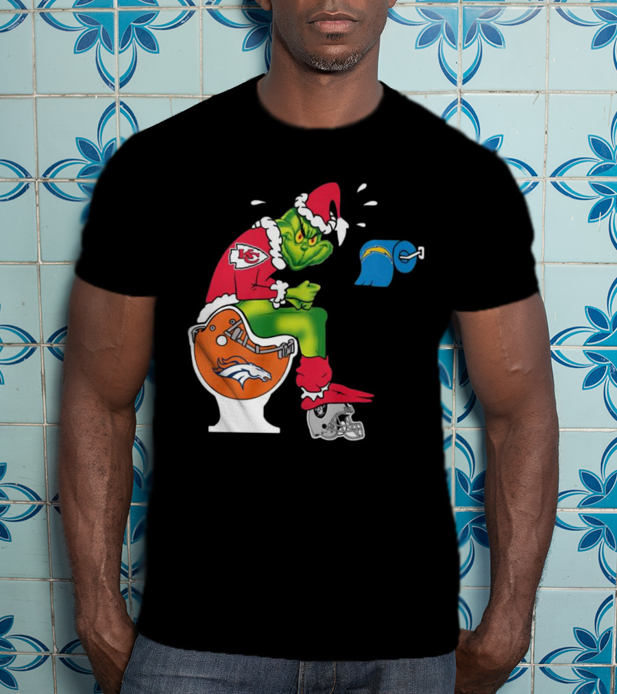 The Grinch On Toilet Kansas City Chiefs, Denver Broncos, Oakland Raiders, Chargers Christmas T-Shirt