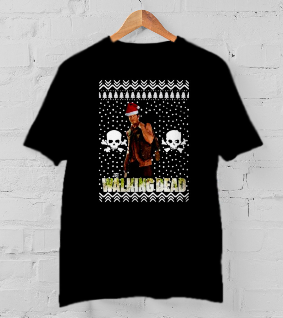 The Walking Dead Daryl Dixon Santa Hat Ugly Christmas Skulls T-Shirt