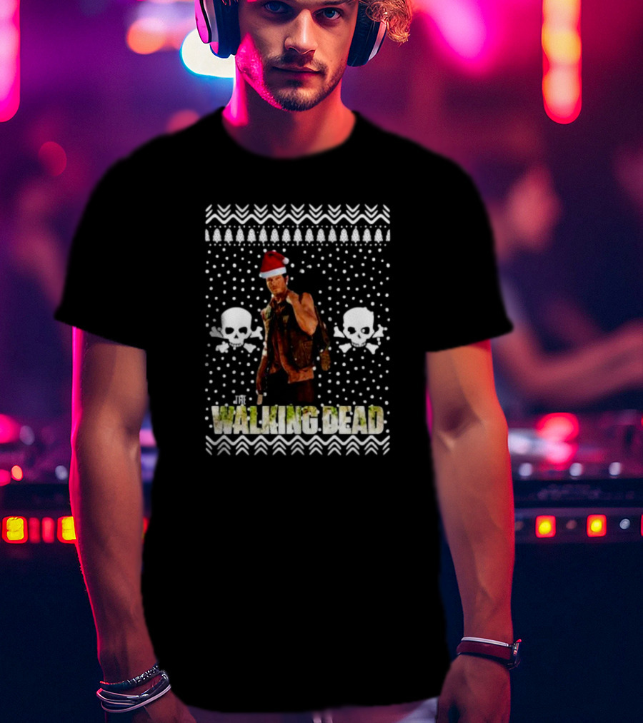 The Walking Dead Daryl Dixon Santa Hat Ugly Christmas Skulls T-Shirt