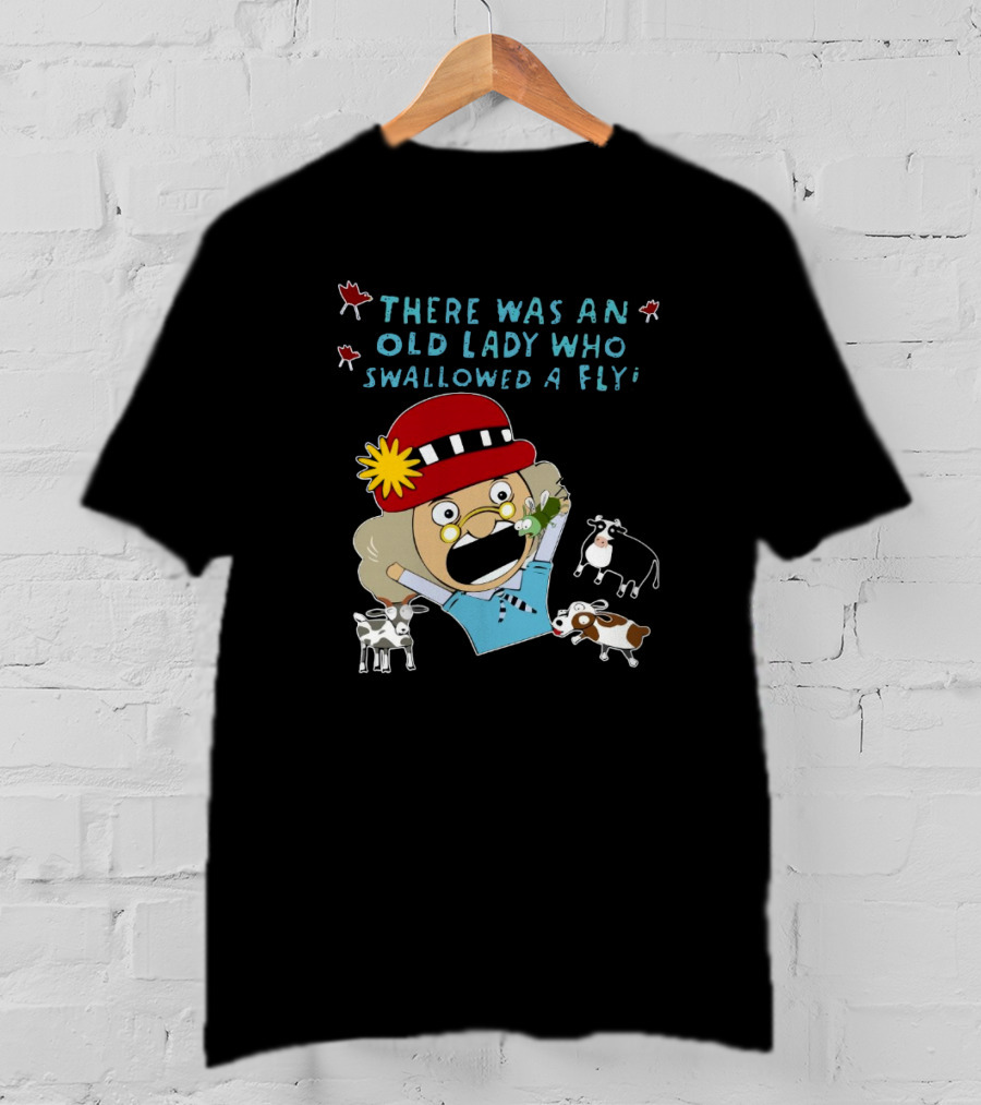 There Was An Old Lady Who Swallowed A Fly Black Funny Cartoon With Animals T-Shirt