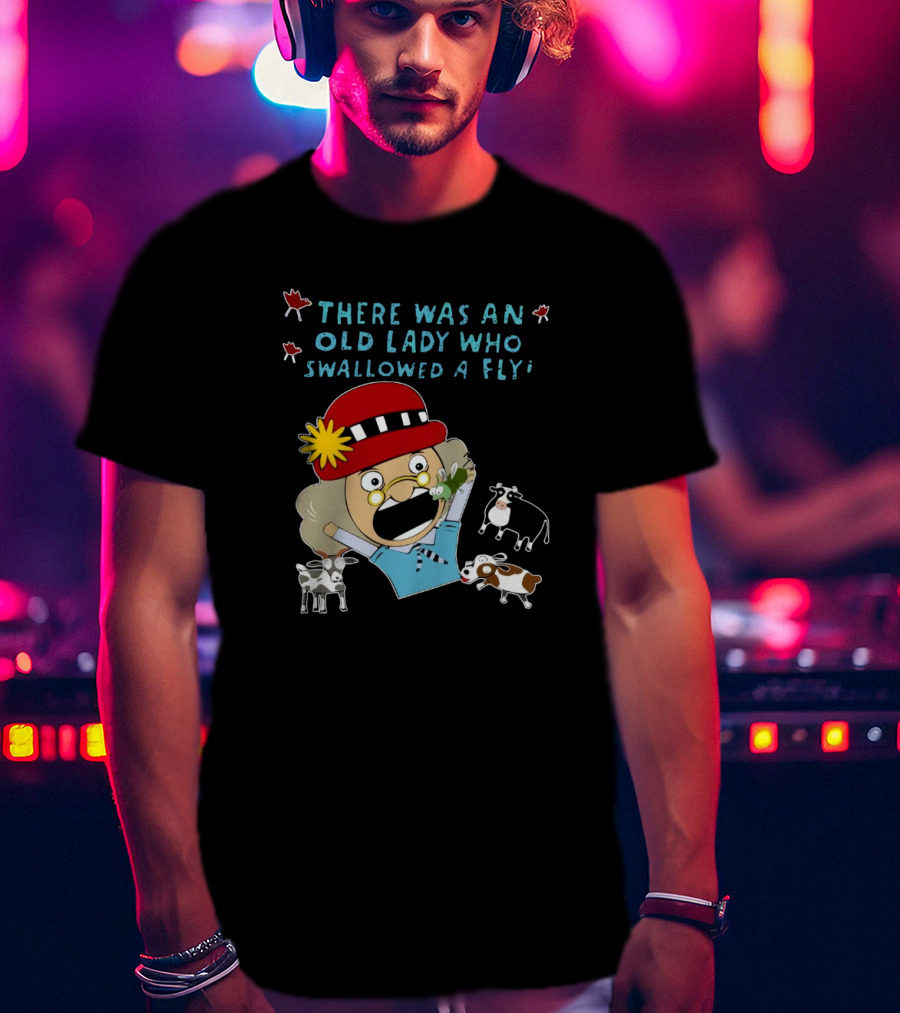 There Was An Old Lady Who Swallowed A Fly Black Funny Cartoon With Animals T-Shirt