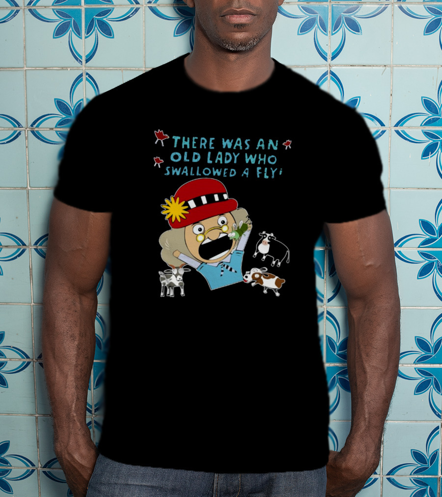 There Was An Old Lady Who Swallowed A Fly Black Funny Cartoon With Animals T-Shirt