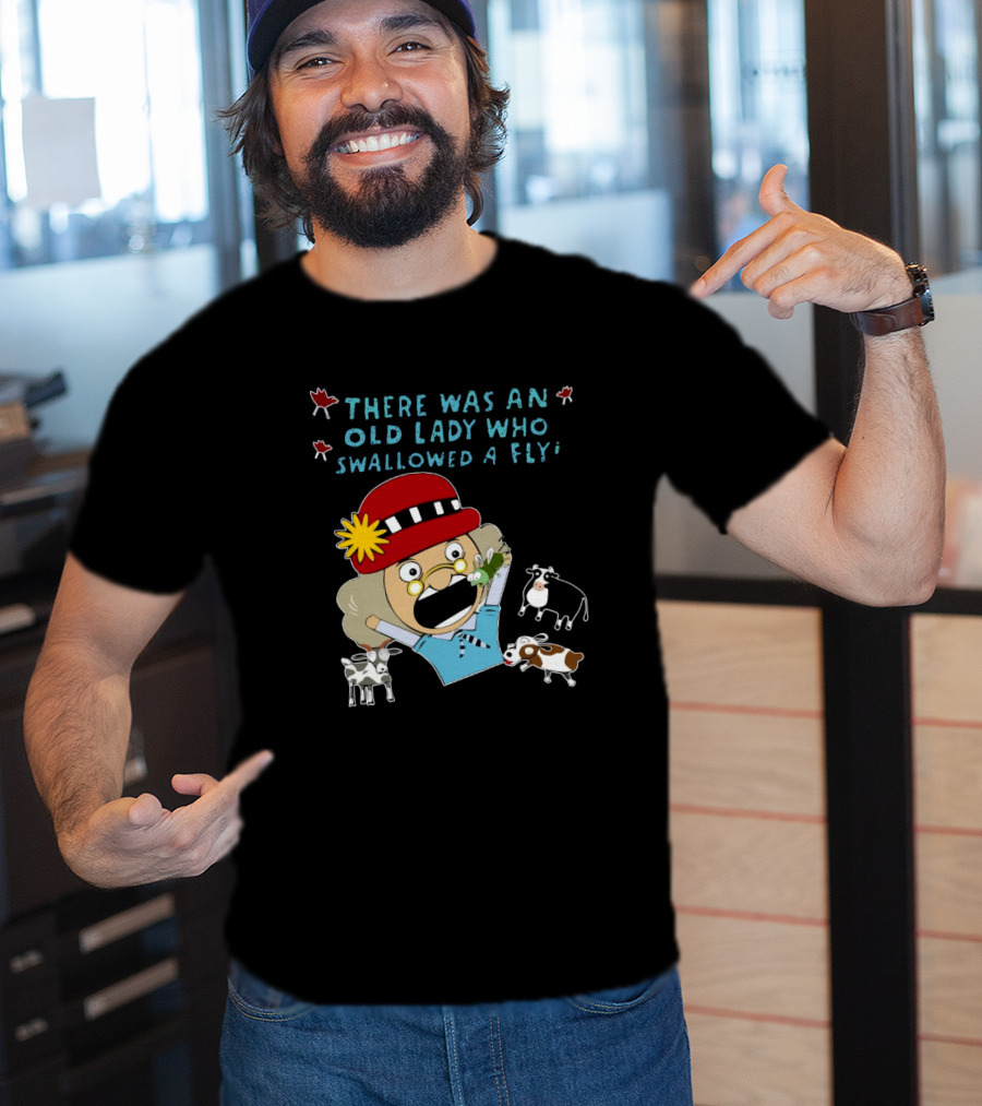 There Was An Old Lady Who Swallowed A Fly Black Funny Cartoon With Animals T-Shirt