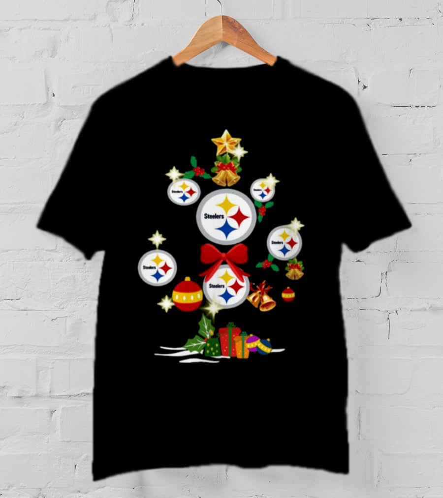 Pittsburgh Steelers Christmas Tree Ornaments With Presents And Stars T-Shirt
