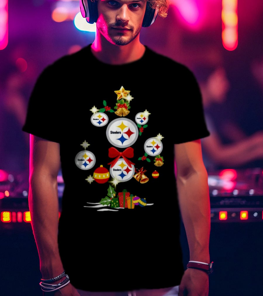 Pittsburgh Steelers Christmas Tree Ornaments With Presents And Stars T-Shirt