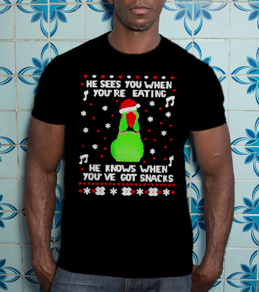 Parrot Ugly Christmas He Sees You When You’re Eating He Knows When You’ve Got Snacks T-Shirt