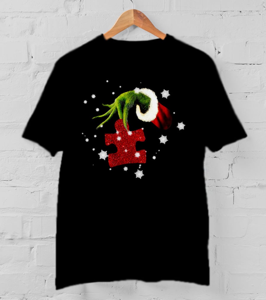 Grinch Hand Holding Red Glitter Puzzle Piece Autism Christmas Snowflakes T-Shirt