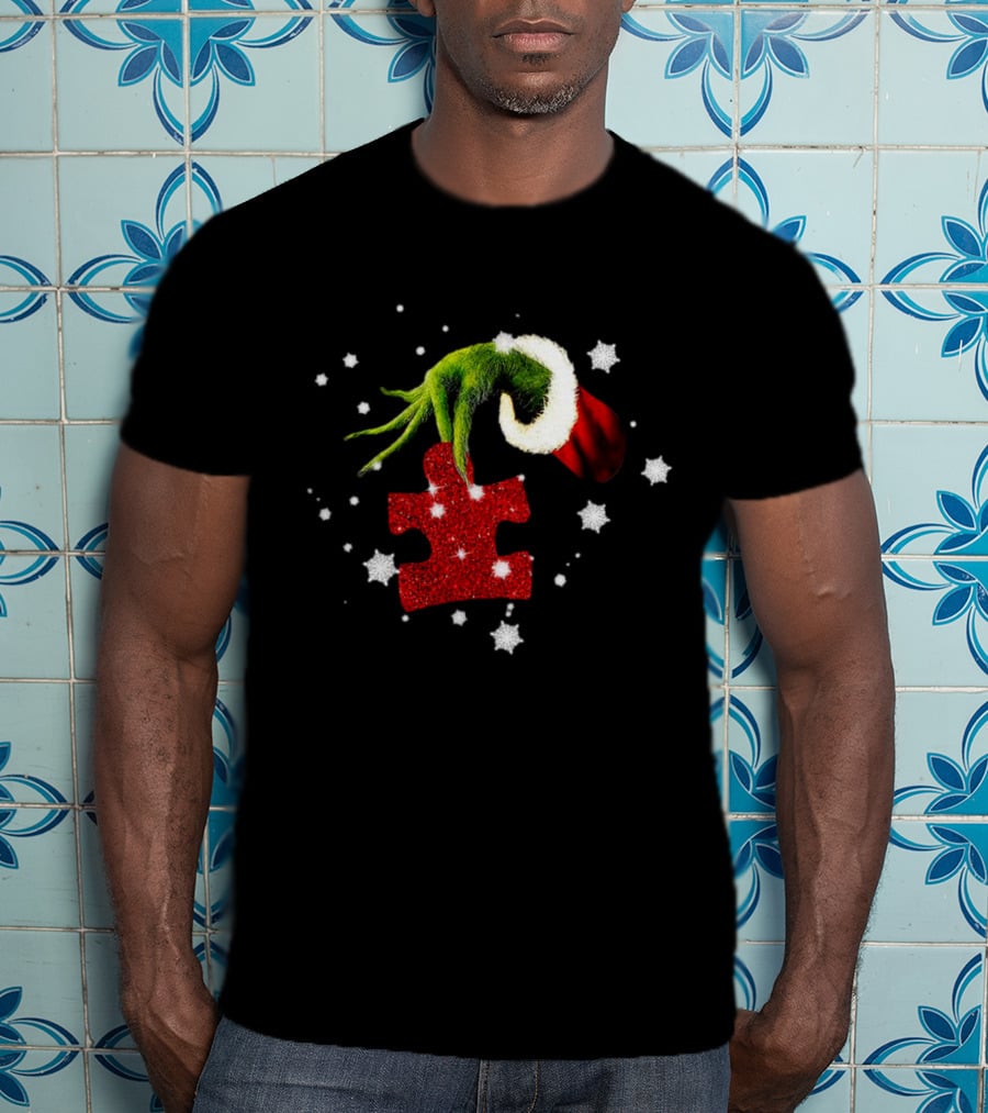 Grinch Hand Holding Red Glitter Puzzle Piece Autism Christmas Snowflakes T-Shirt