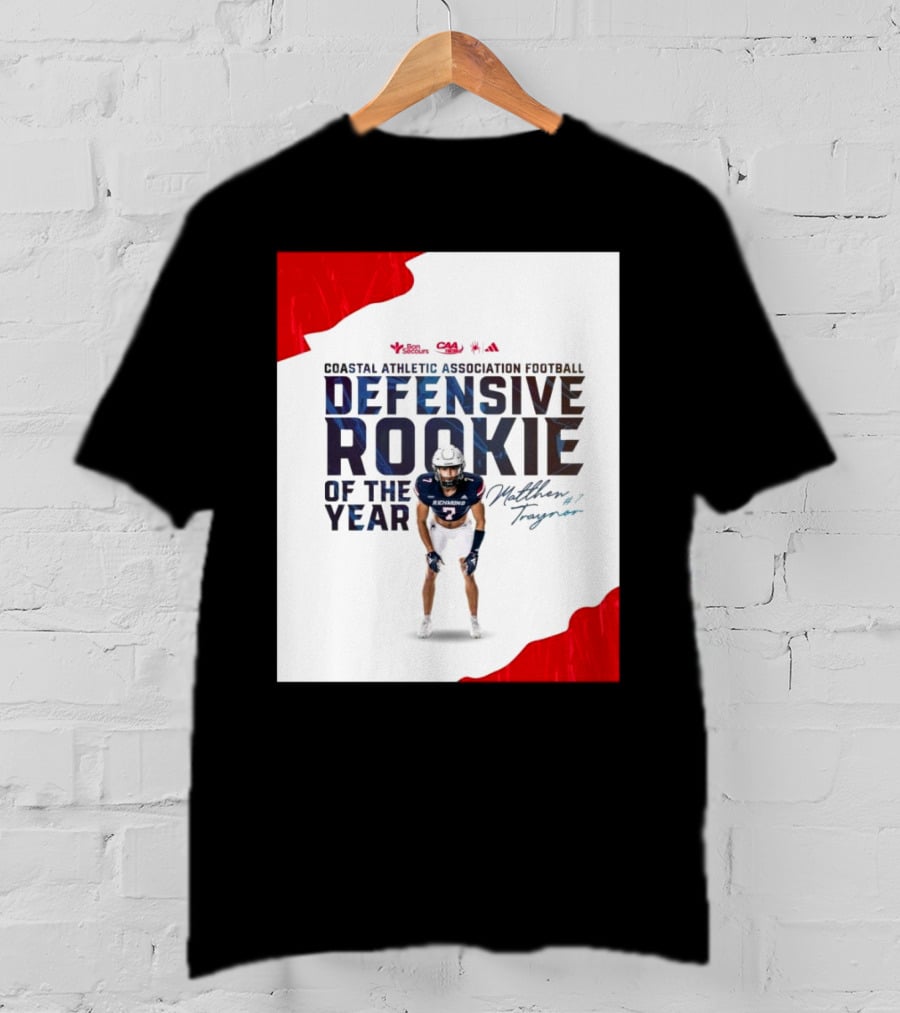 Coastal Athletic Association Football Defensive Rookie Of The Year Matthew Traynor Signature Richmond #2 Red Blue White Football Graphics T-Shirt