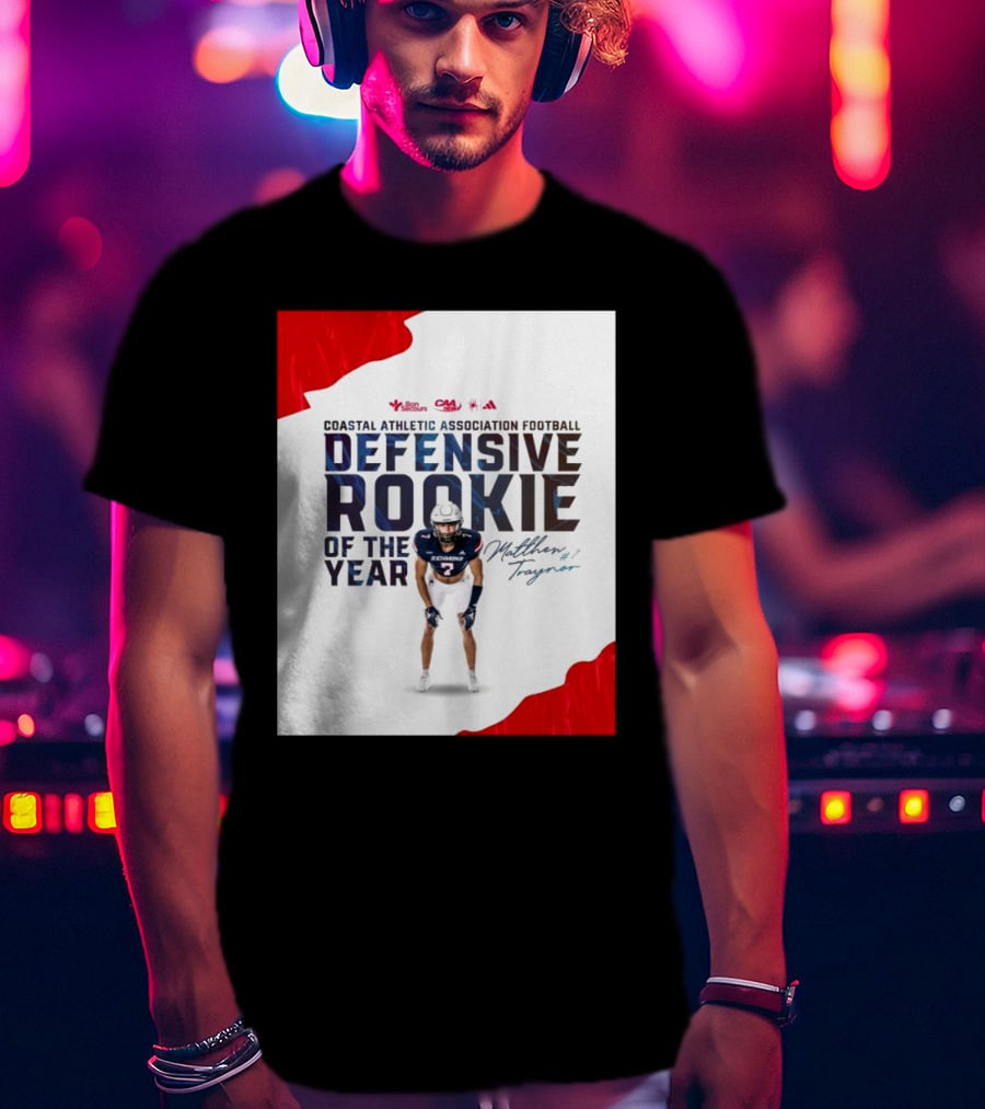 Coastal Athletic Association Football Defensive Rookie Of The Year Matthew Traynor Signature Richmond #2 Red Blue White Football Graphics T-Shirt