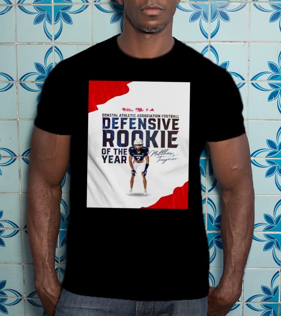 Coastal Athletic Association Football Defensive Rookie Of The Year Matthew Traynor Signature Richmond #2 Red Blue White Football Graphics T-Shirt