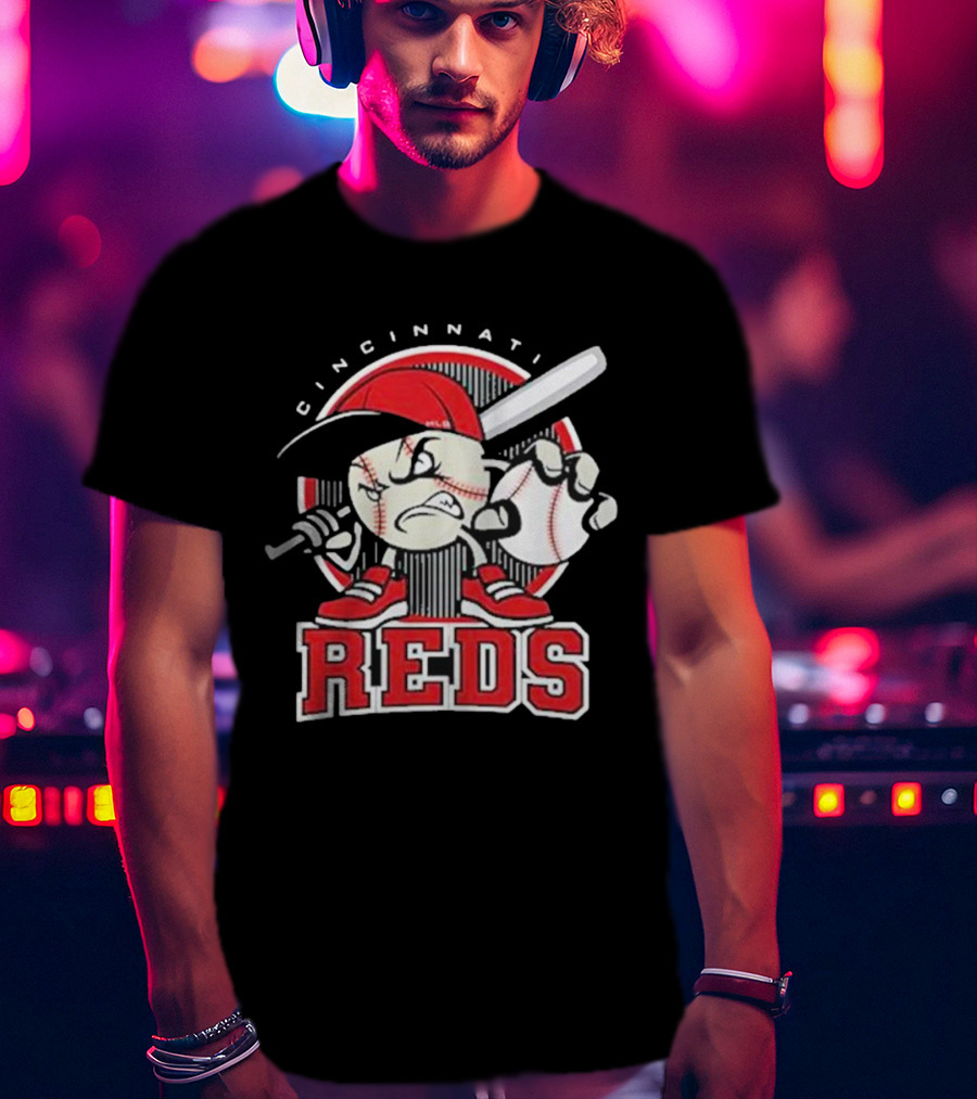 Cincinnati Reds Retro Baseball Character With Cap And Bat T-Shirt