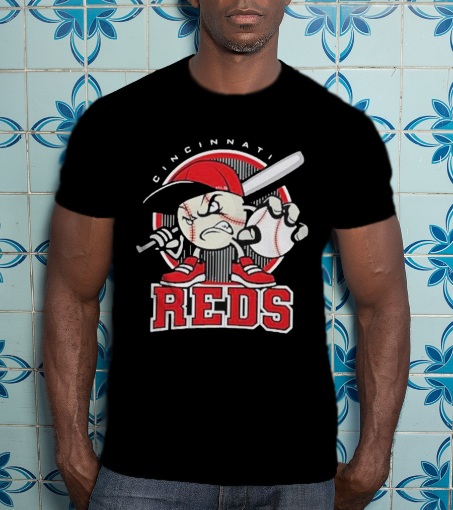 Cincinnati Reds Retro Baseball Character With Cap And Bat T-Shirt
