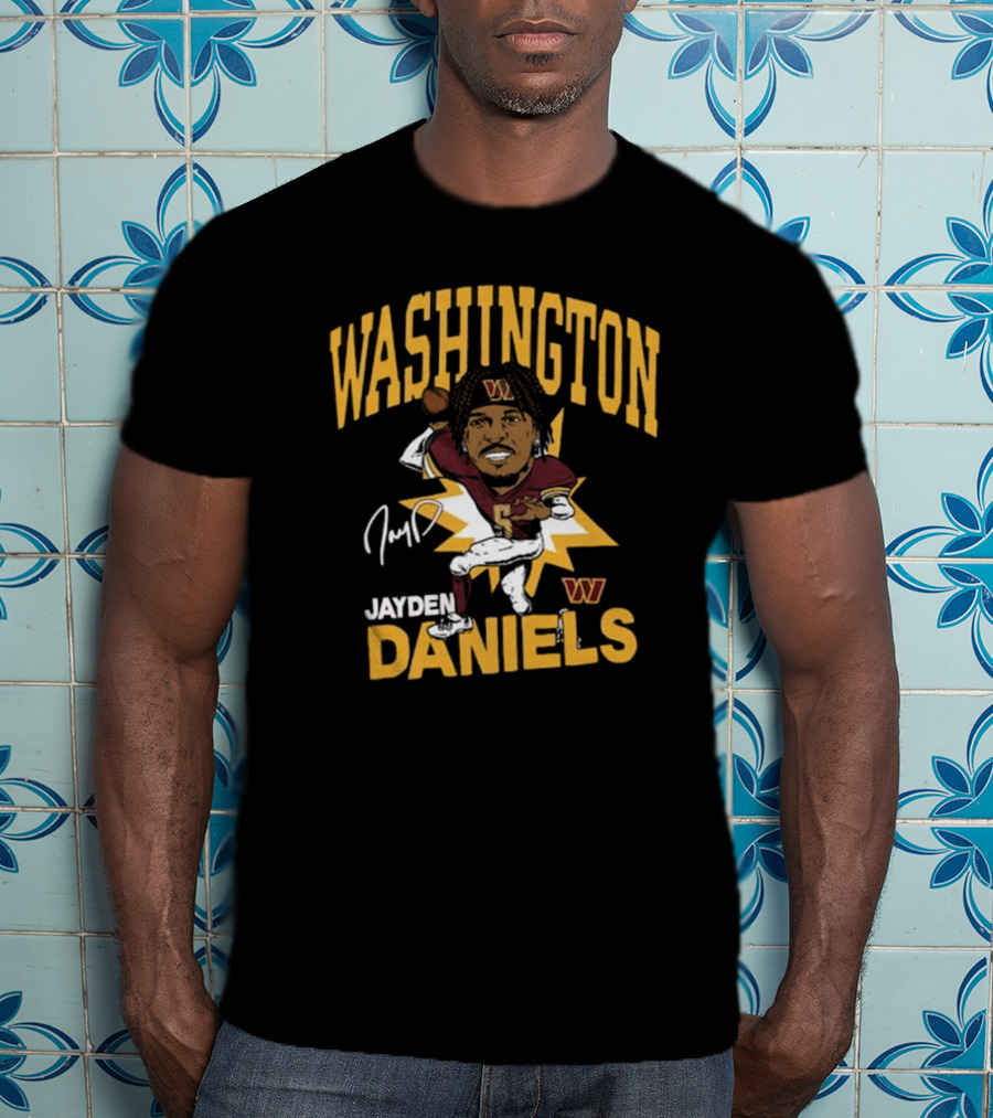 Washington Commanders NFL Jayden Daniels Caricature Player Signature T-Shirt