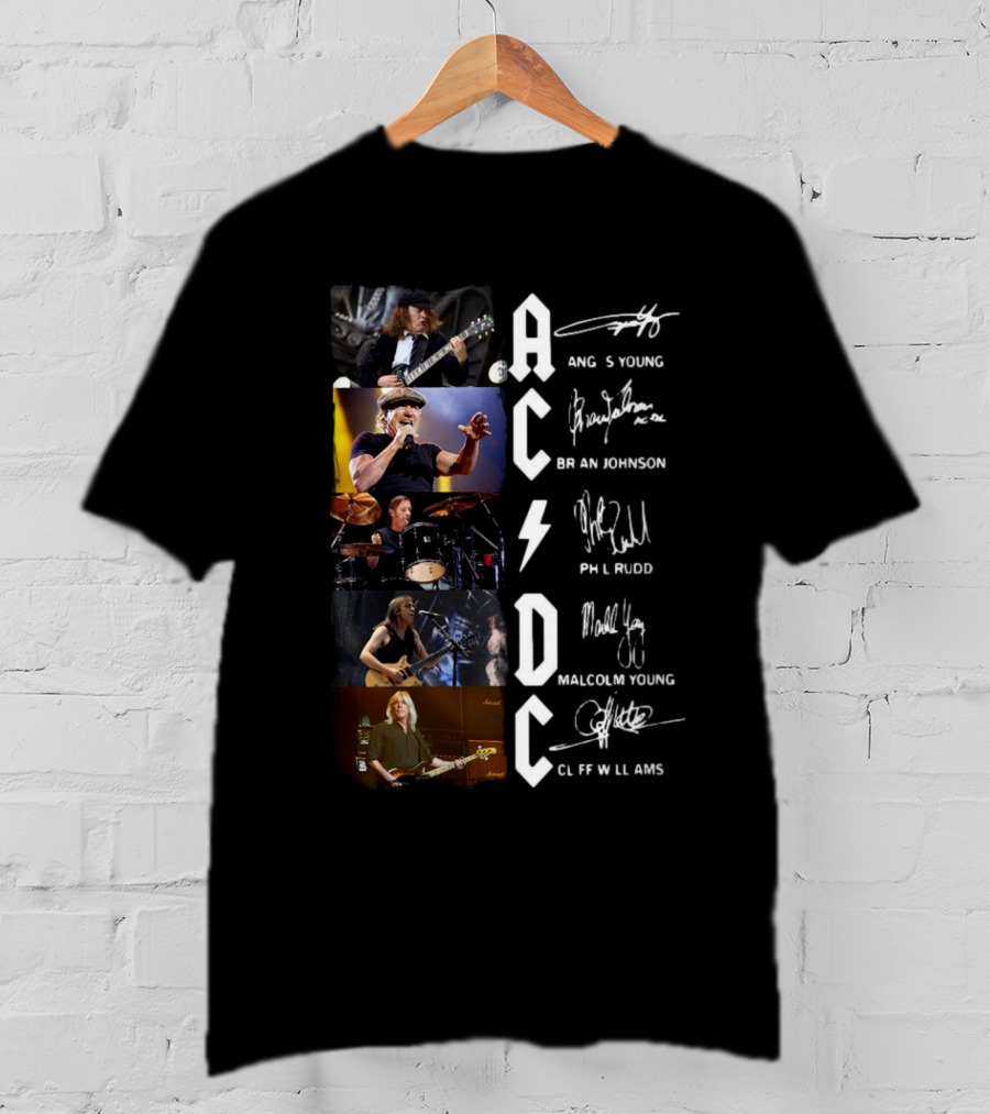 AC DC Angus Young Brian Johnson Phil Rudd Malcolm Young Cliff Williams Signatures Photos T-Shirt