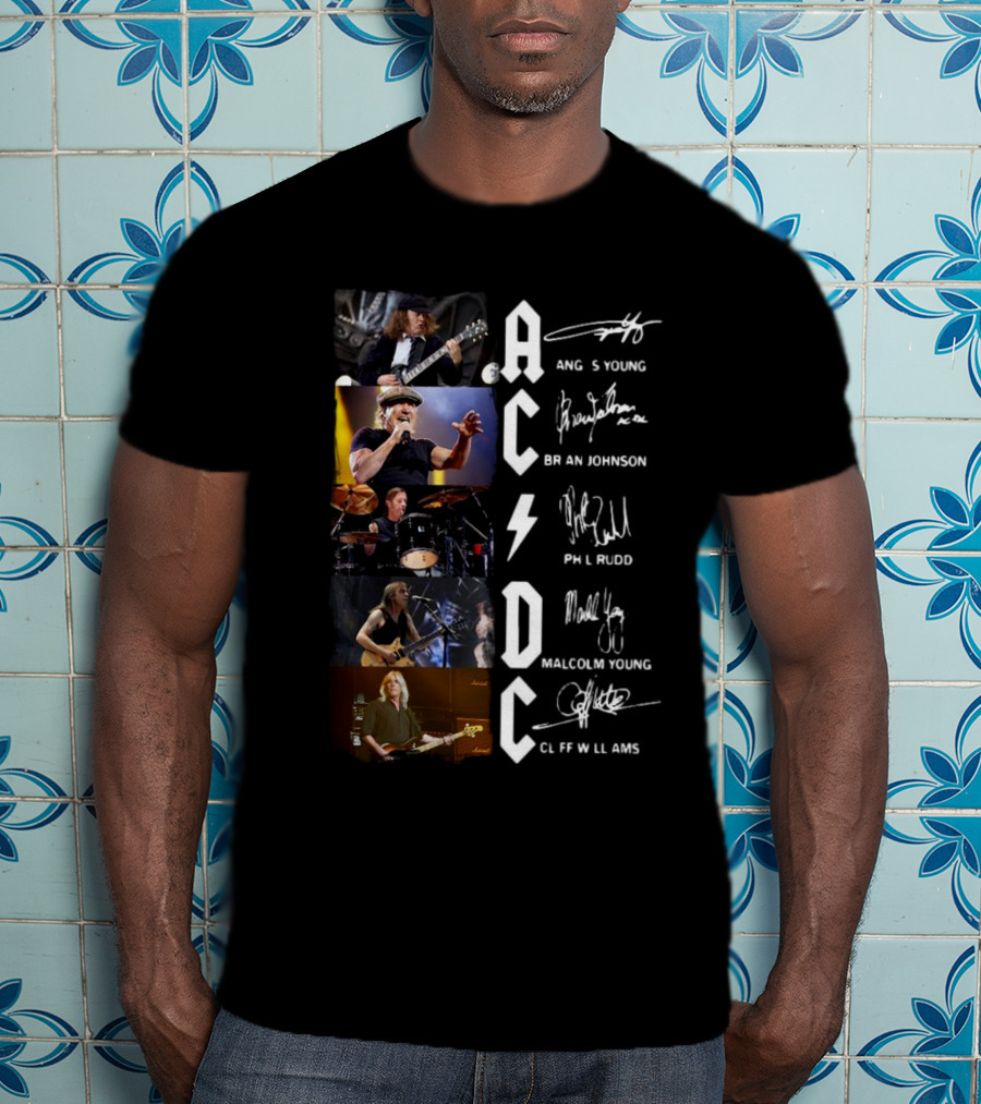AC DC Angus Young Brian Johnson Phil Rudd Malcolm Young Cliff Williams Signatures Photos T-Shirt
