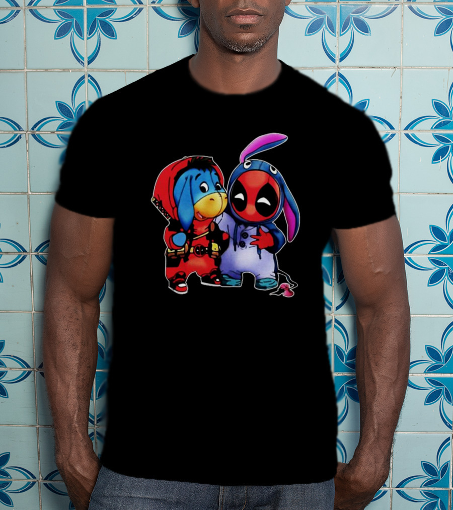 Baby Donkey And Deadpool In Cosplay Onesies With Bunny Ears And Red T-Shirt