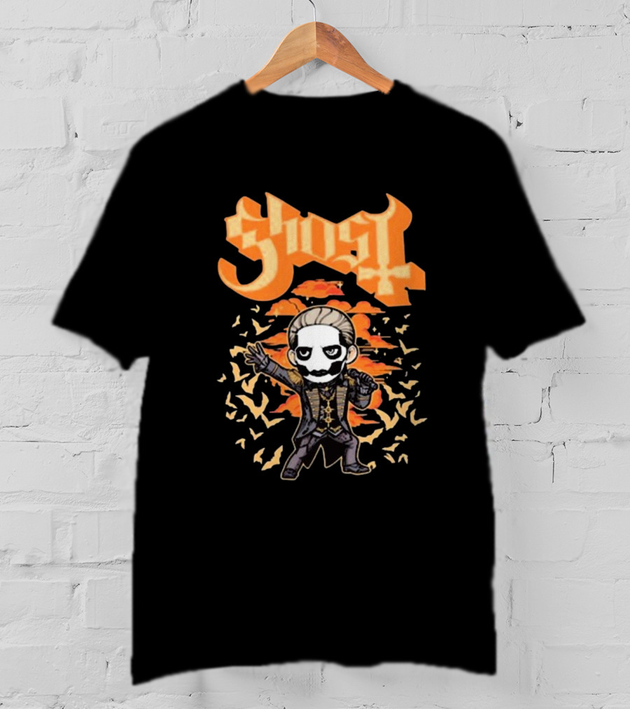 Ghost Band Chibi Style Character With Orange Background And Bats T-Shirt