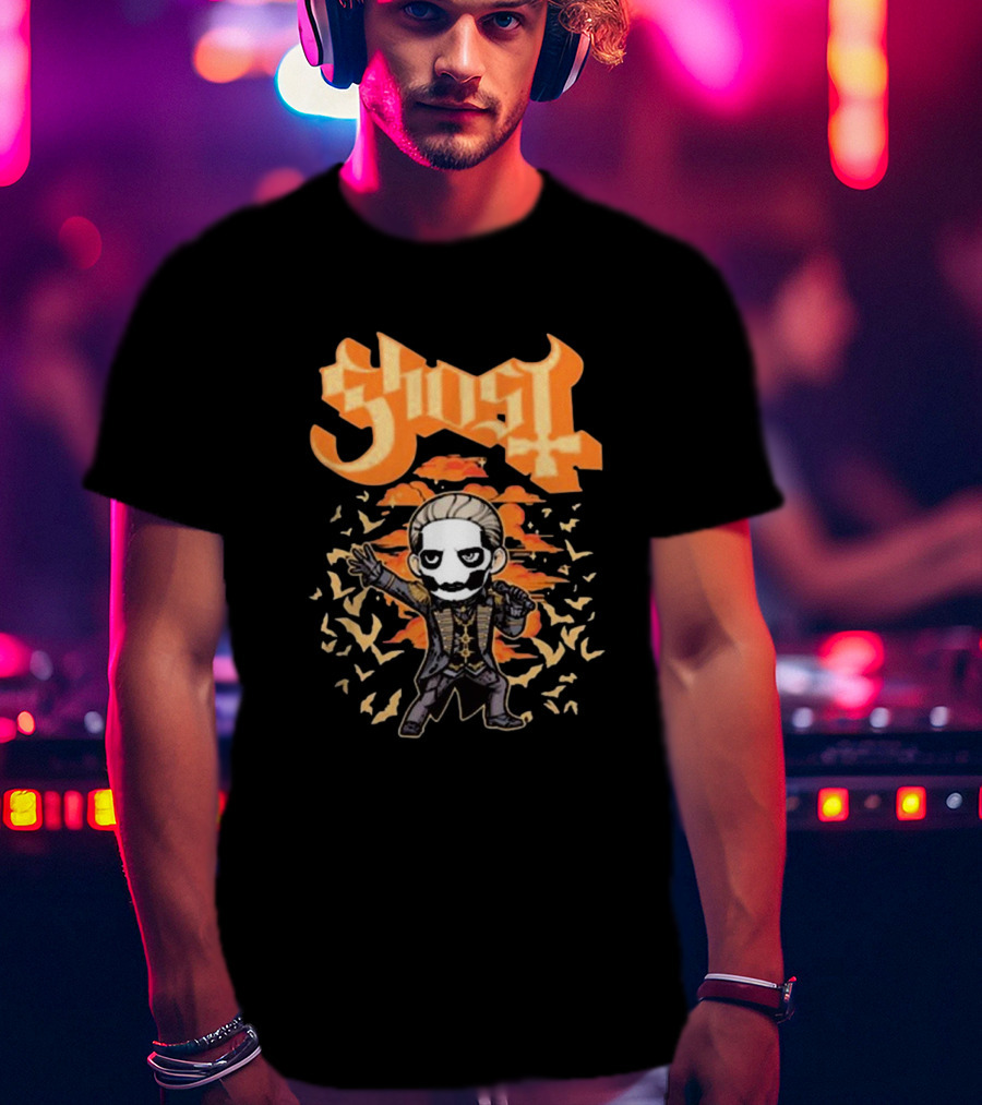 Ghost Band Chibi Style Character With Orange Background And Bats T-Shirt