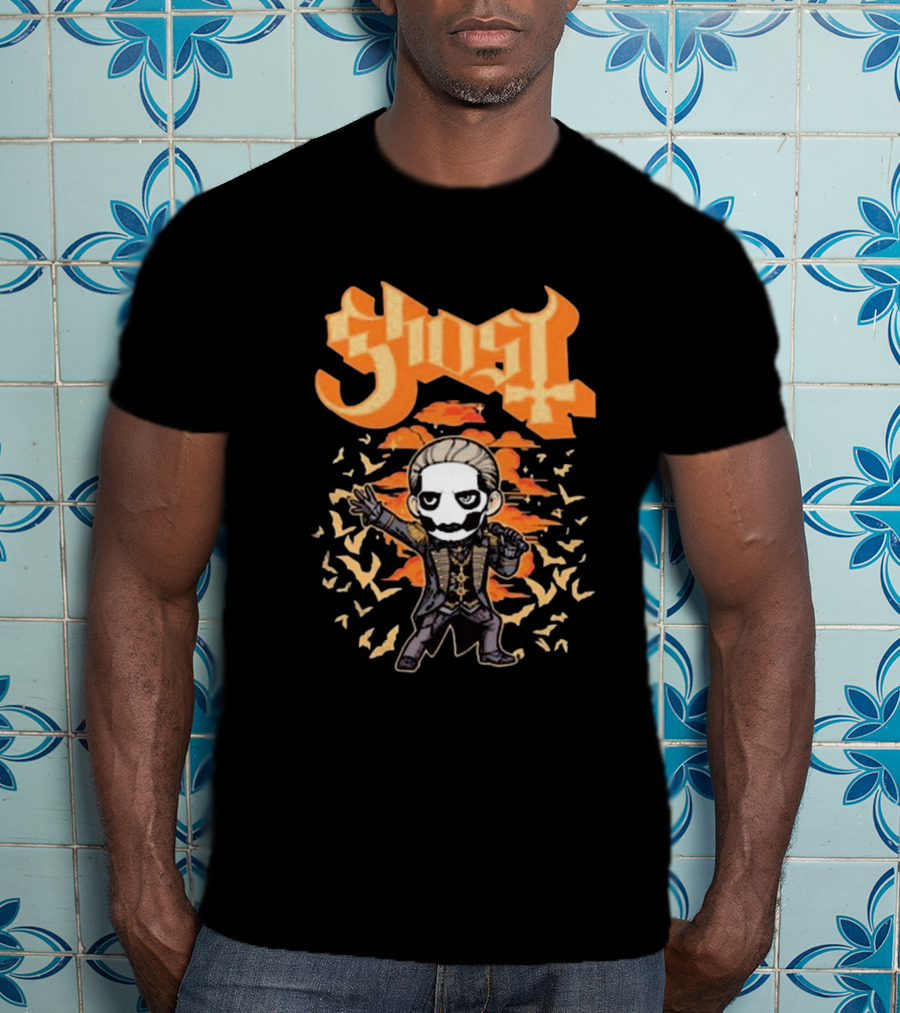 Ghost Band Chibi Style Character With Orange Background And Bats T-Shirt